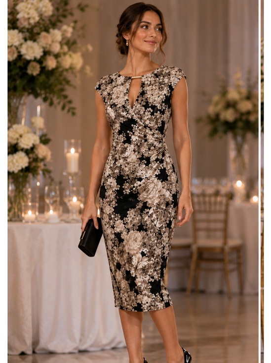 connected apparel Dresses & Skirts - connected apparel Black and Cream Floral Midi Dress with Keyhole